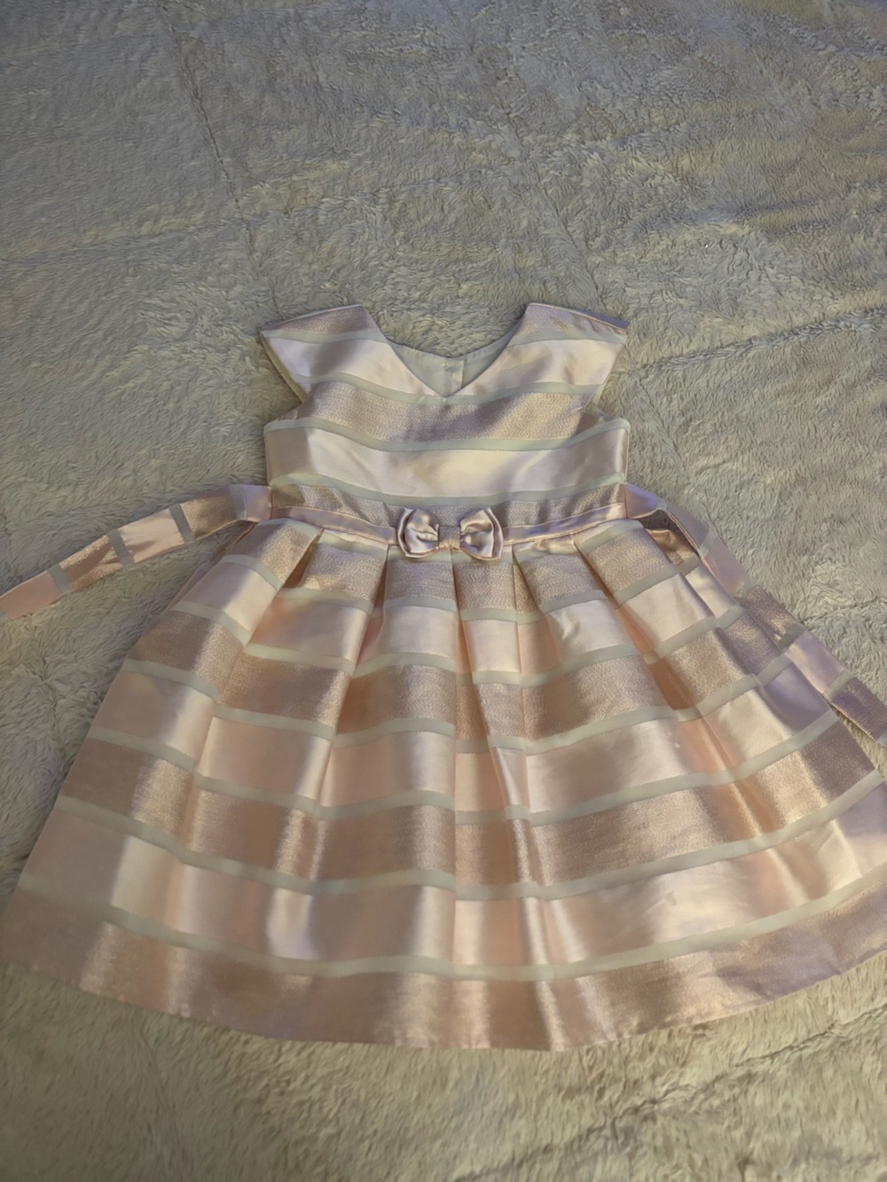 Girls Pink Satin Stripe Party Dress with Bow